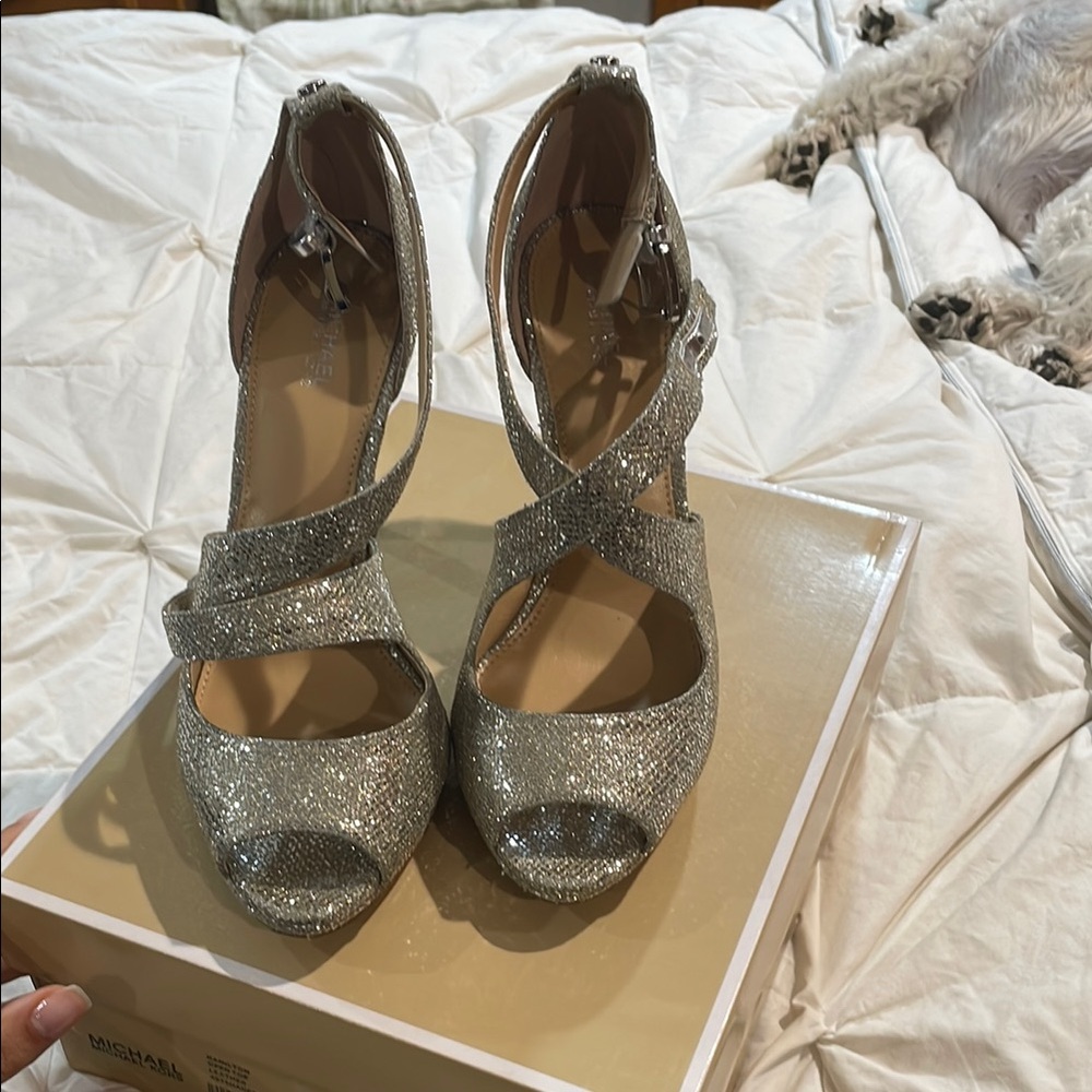 Michael Kors Silver Glitter Hamilton Open Toe Heel